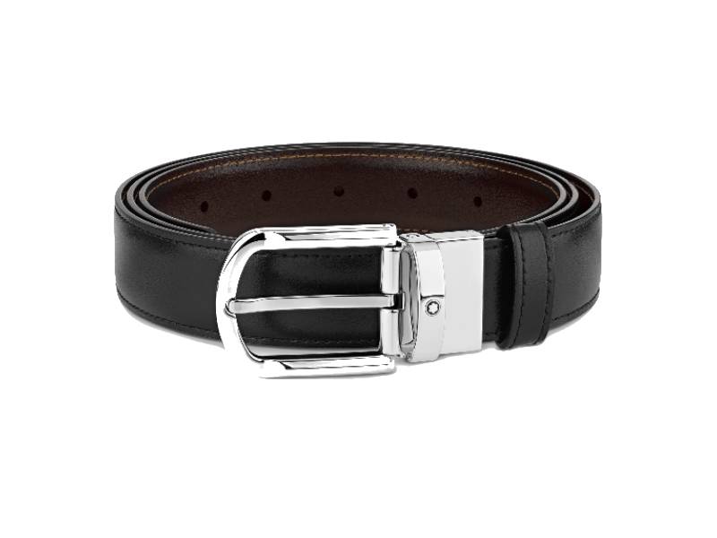 SELF- ADJUSTABLE REVERSIBLE BLACK/BROWN BELT SHINY PALLADIUM FINISH HORSESHOE BUCKLE MONTBLANC 111080